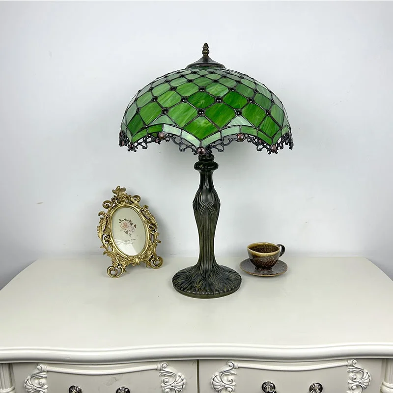 16-inch  Style Table Lamp Reading Lamp Green Stained Glass Lampshade Table Lamp