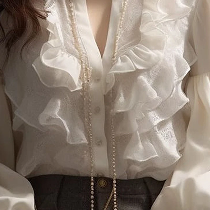 Spring Autumn Round Neck Fashion Lantern Sleeve Shirt Women High Street Casual Loose Button Cardigan Ruffles Patchwork Blouse