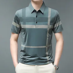 New Men's Polo Shirt Summer Short Sleeve T-shirt Striped Printing Button Loose Plus Size Casual Comfort Fashion Tops