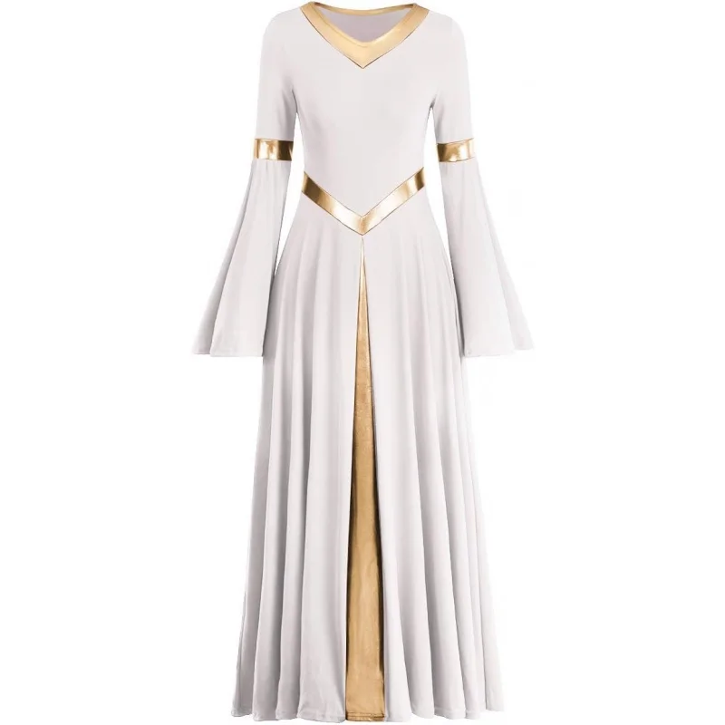 

Praise Liturgical Dance Costume for Women Loose Fit Full Length Metallic Gold V-Neck Worship Long Dress Dancewear