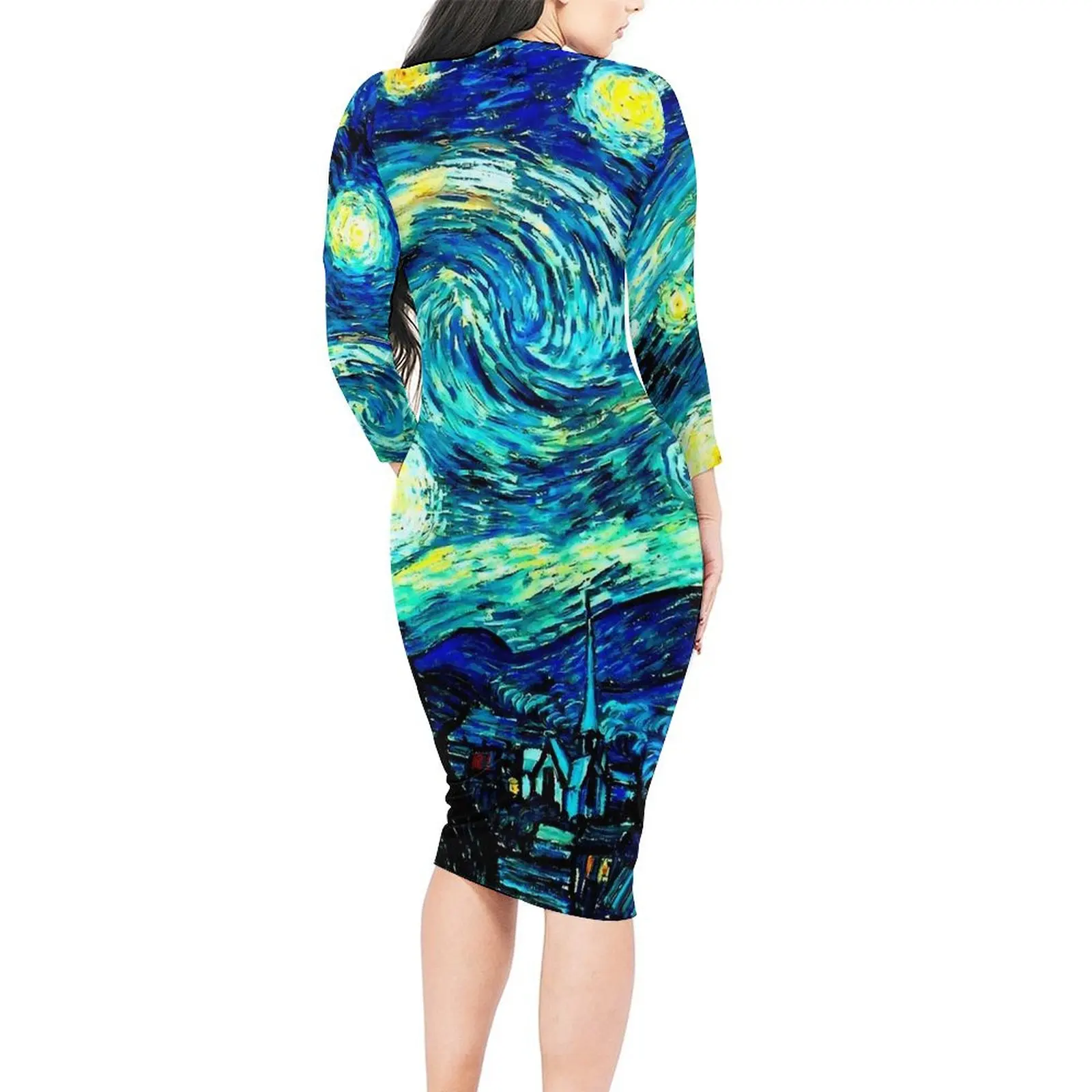 Starry Night Famous Painting Bodycon Dress Summer Vincent Van Gogh Sexy Dresses Women Long Sleeve Graphic Street Wear Dress