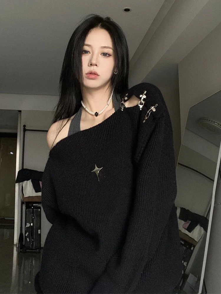 Oversize Knitted Sweater Women Y2K Off Shoulder Pullover Female Autumn Winter Loose Jumper Ladies Casual Slash Neck Sweater