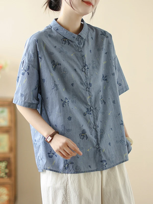 Solto ajuste ort sve algodão linho irt feminino tamanho grande impresso simples turn-down colarinho aberto frente casual verão topo