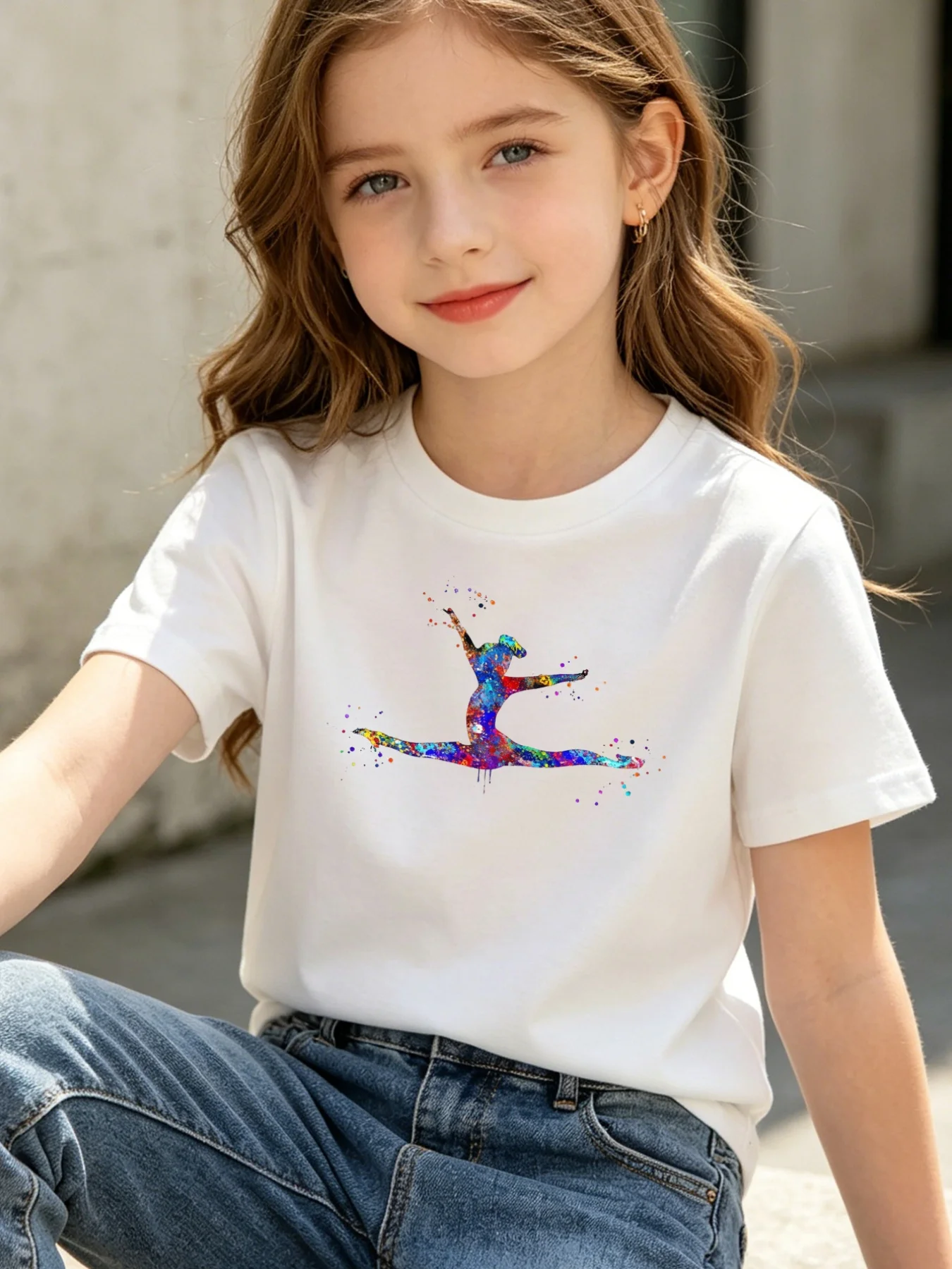 Watercolor Gymnast Dancer Print Kids T Shirt Boys Girls Short Sleeve Tee Sport Silhouette Parent Child Matching Toddler Tops