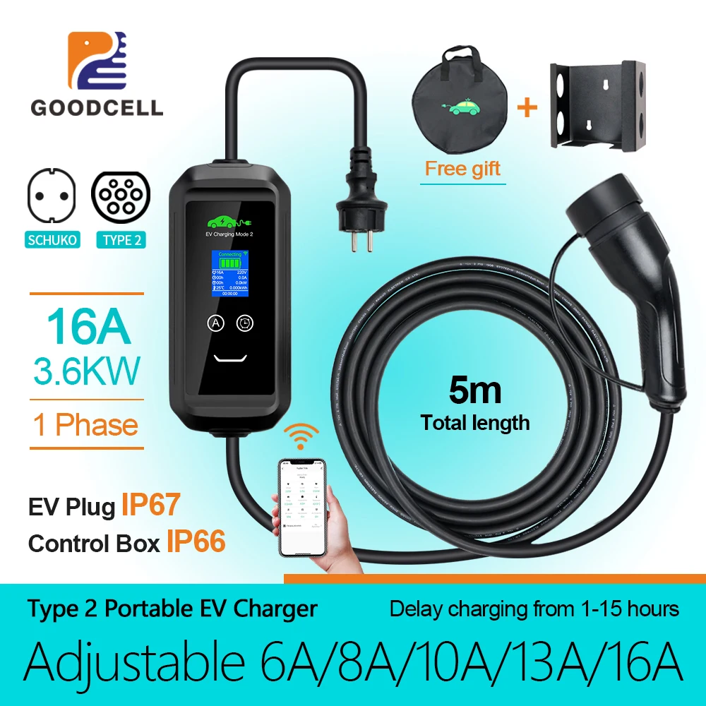 GOODCELL Portable EV Charger Type2 IEC62196-2 16A 3.6kw Tuya APP EVSE Charging Cable  Plug Wallbox for Electric Car