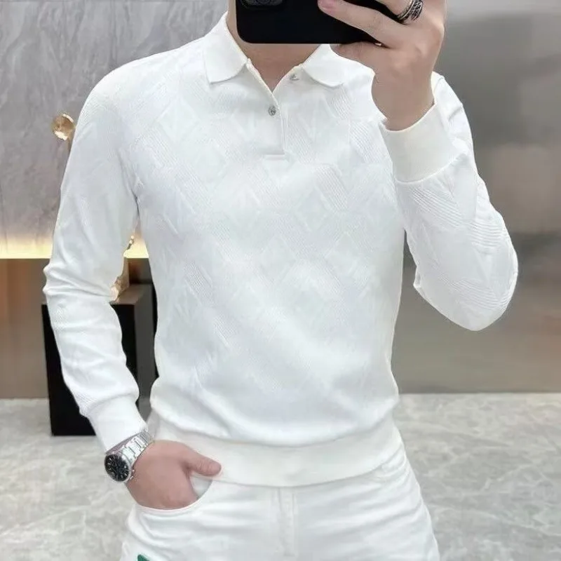 Men's Long Sleeve Polo Shirt Slim Fit Casual Turn Down Collar Spring Autumn Fashion Solid Color Business Tops