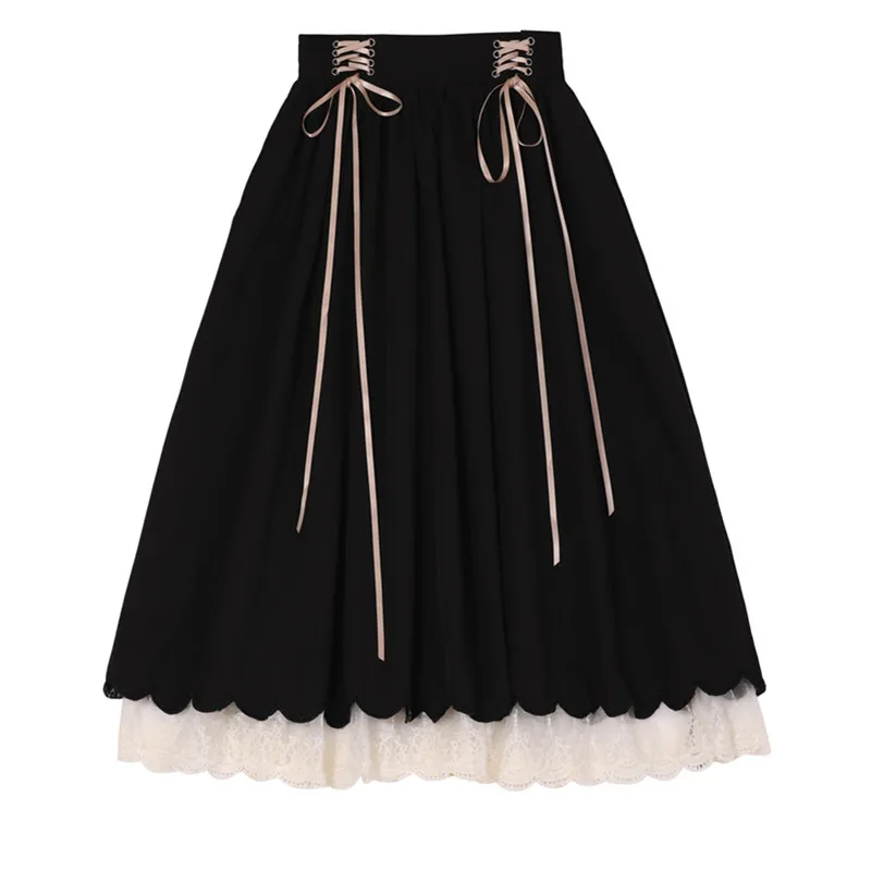 Wiosna 2022 Moda damska Długie spódnice maxi Vintage Preppy Style Mori Girl Cute Lace Hem Lace-Up High Waisted Pleated Skirt — zdjęcie 2