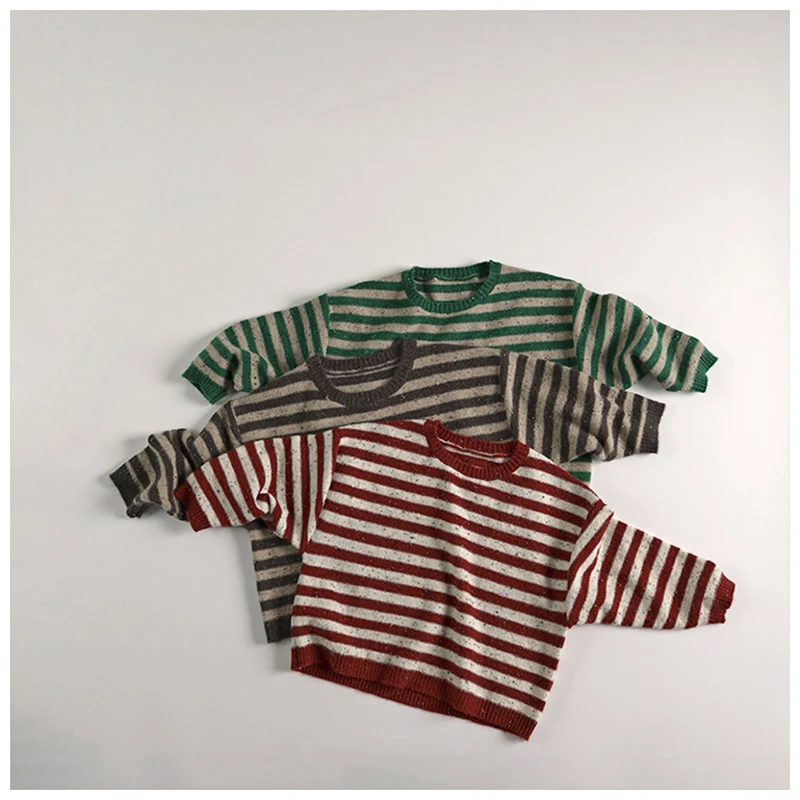 MILANCEL Spring Autumn Children\'s Sweaters 1-6Y Retro Style Girls Knitted Striped Pullover Boys Loose Warm Bottming Sweater