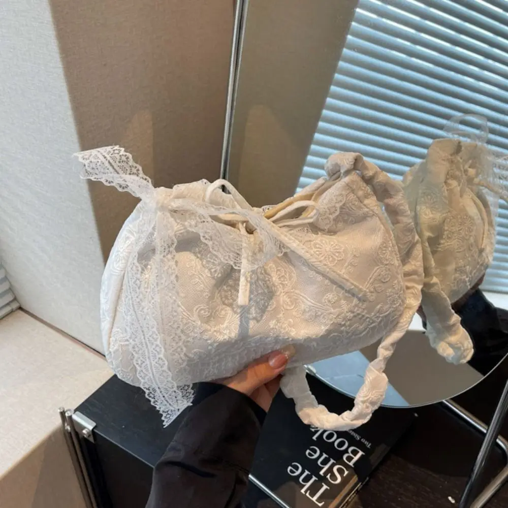 

Tote Bag Lace Shoulder Bag Pleated Strap With Ribbon Simple Canvas Handbag Korean Style Simple Large Capacity Bag Girls