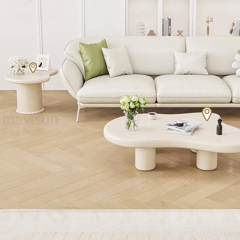 Creamy style Sliold Wood Tea Table In White Modern Apartment Living Room Furniture Household Simplicity Cloud Coffee Table Set image 4
