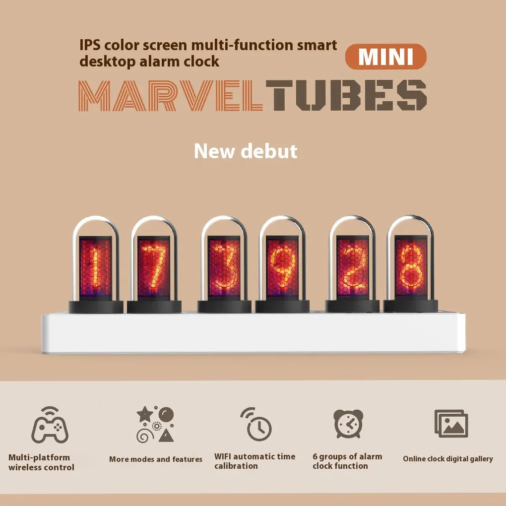 WIFI Control Nixie Tube Alarm Clock 6-DIGIT Mini IPS Color Screen Quasi-glow Tube RGB Light Digital Clock Alarm Table Decoration