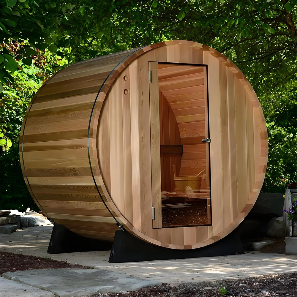 Red Cedar Outdoor Sauna, 1800 x 2400 mm Solid Wood Barrel Sauna, Traditional Sauna Room, Wet Steam Sauna for Backyard Spa
