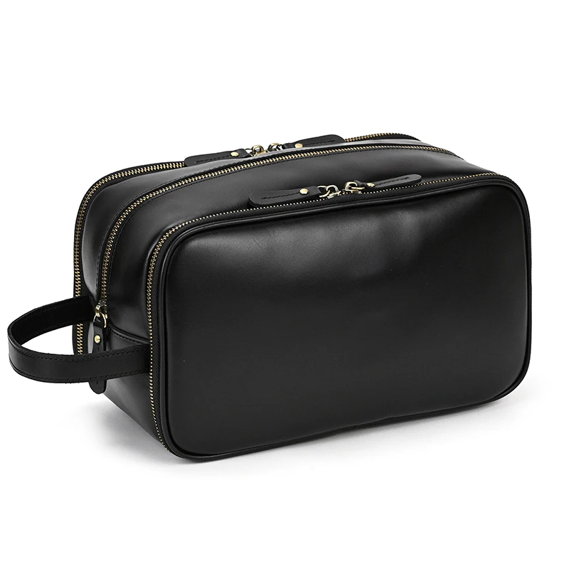 Bolsa de viaje de aseo de cuero genuino para hombres y mujeres, bolsas de maquillaje de estilo de lujo negro, bolsa de lavado para hombres y