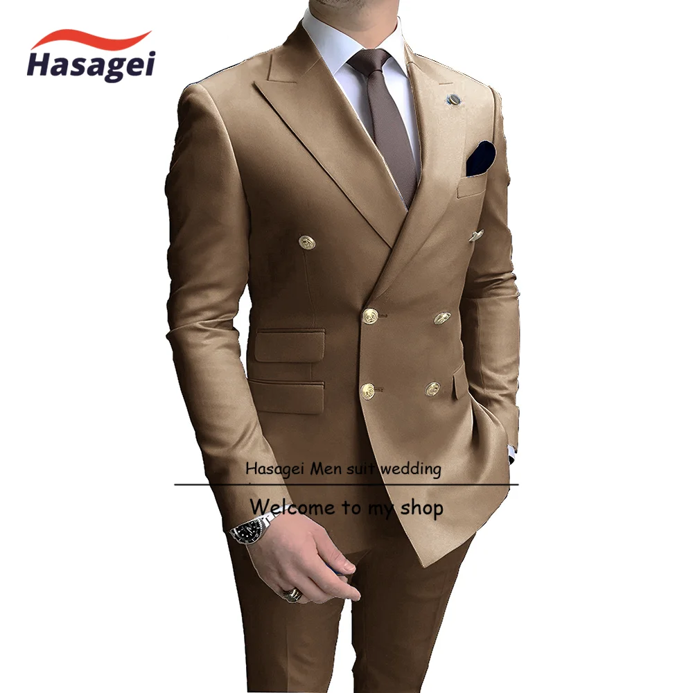 Navy Men Party Tuxedos 2 Pieces Latest Peak Lapel Men Suits Gold Buttons Fashion Style Suits Double Breasted