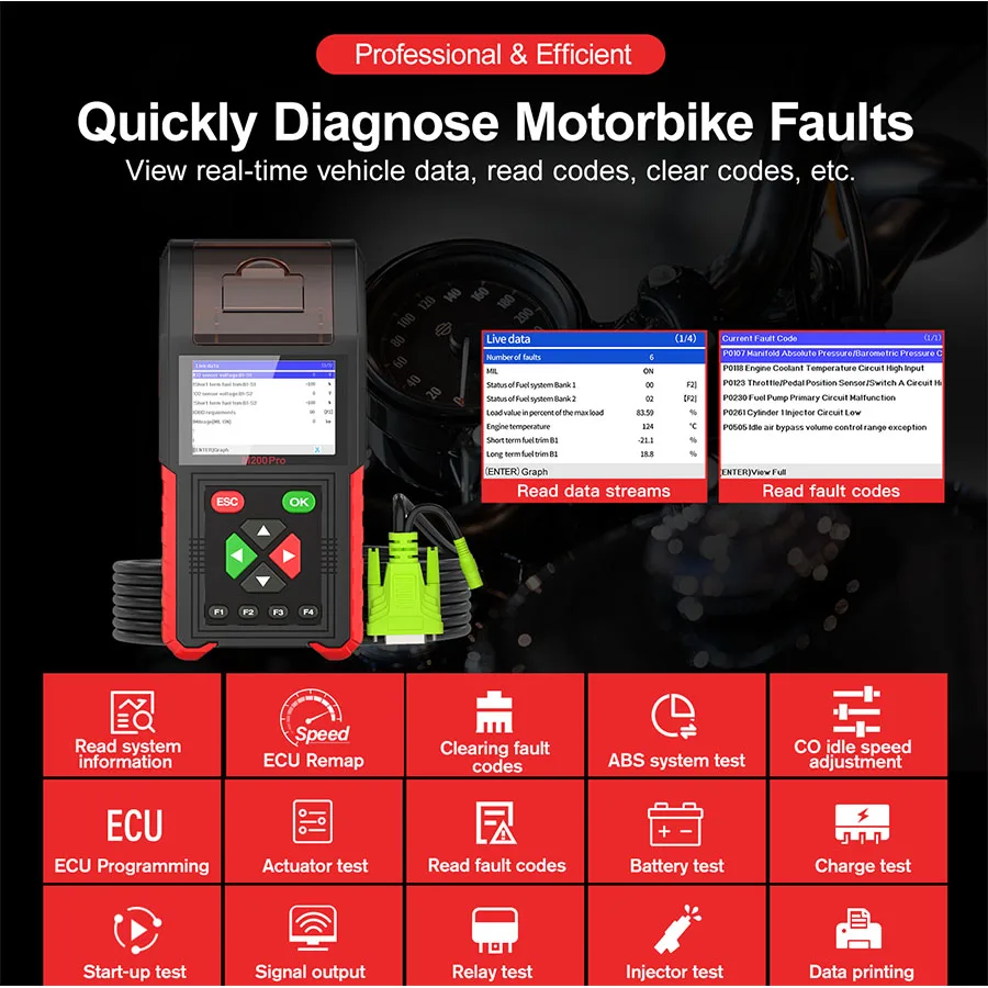 JDiag M200 Pro Diagnostic Scanner with Honda ECU Remap Scanner Battery Tester ABS System Fault Codes For Universal Motorcycle