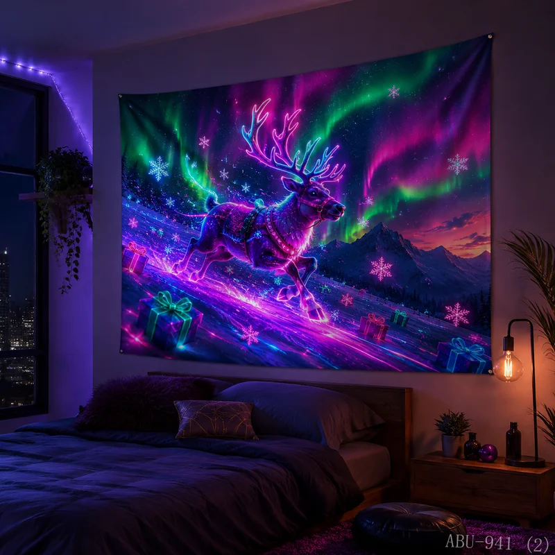 VIKAMA Neon Purple Green Aurora Reindeer Running Snowy Gift Mountain Snowflake Light Trail Christmas Tapestry Wall Hanging Soft
