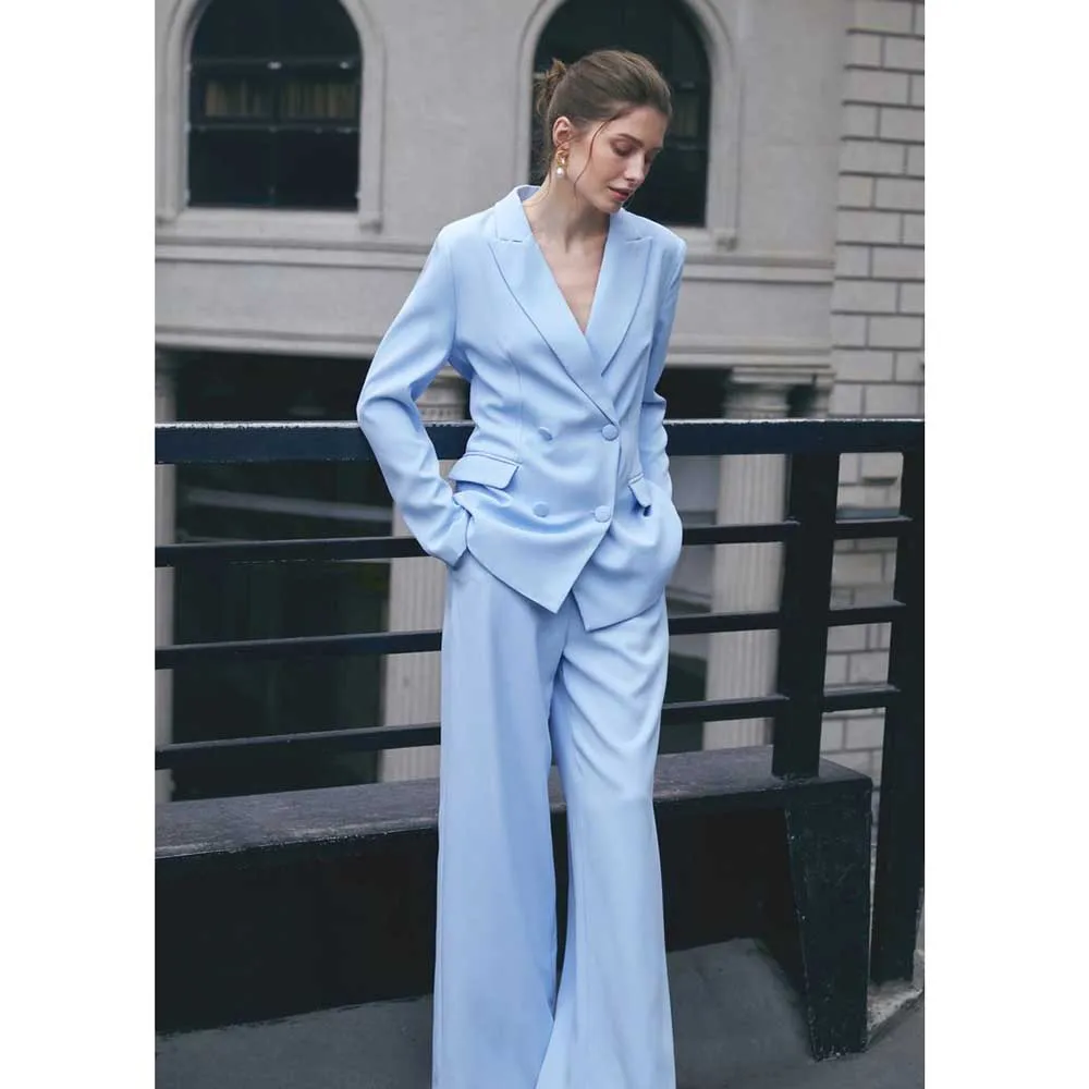 High Quality Blue Ladies Two Piece Sets Double Breasted 2 Piece Jacket Pants Female Clothing Formal Daily Work Suits for Women