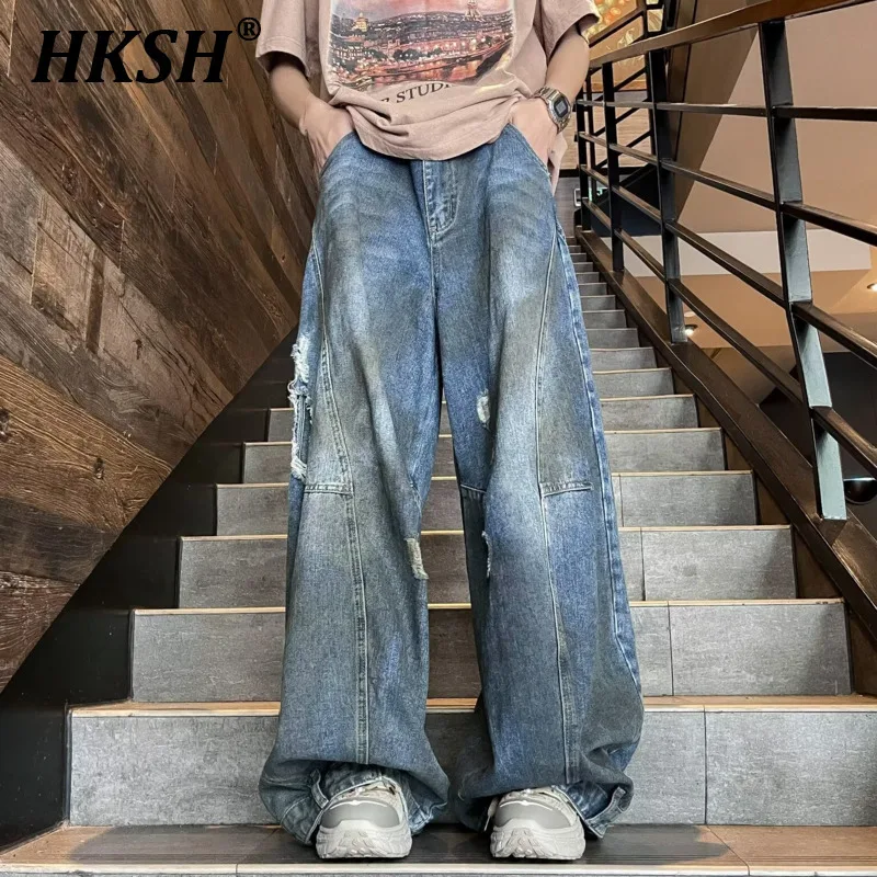 

HKSH Summer Autumn New Men's Tide American Vintage High Street Ripped Denim Pants Women Chic Loose Slim Wide Leg Jeans HK2492