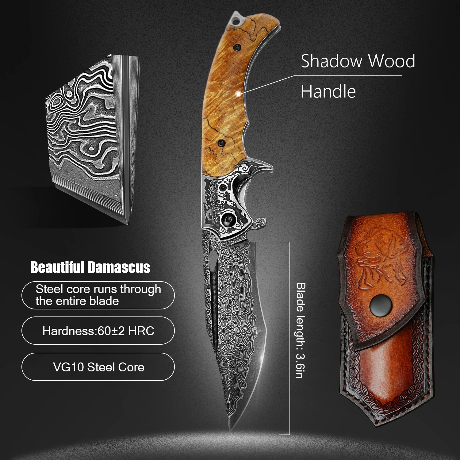 NEWOOTZ Damascus Steel VG10 Stable Wood Tactical Knife Camping Self Defense Collection Gift Portable Folding Knife