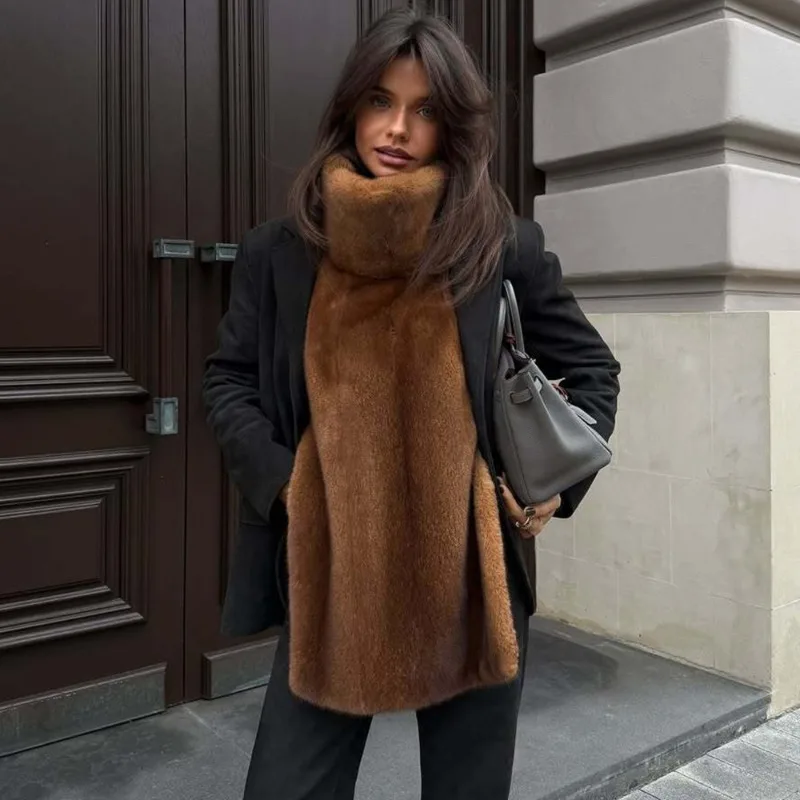 

Talenza High-Neck Fur Vest Fashion Vintage Brown Faux Fur Patchwork Sleeveless Vest Chic Streetwear Autumn Winter Women Fur Vest