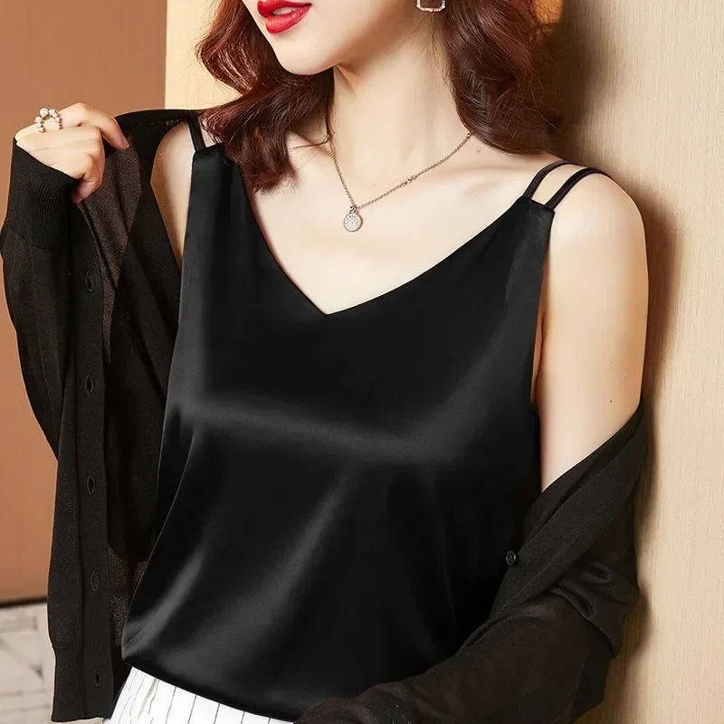 Fashion Ice Silk Women Tops Woman Satin Blouses Shirts Sexy Women Faux Silk Lace Blouse Elastic Shirts Woman V-neck Shirt Top