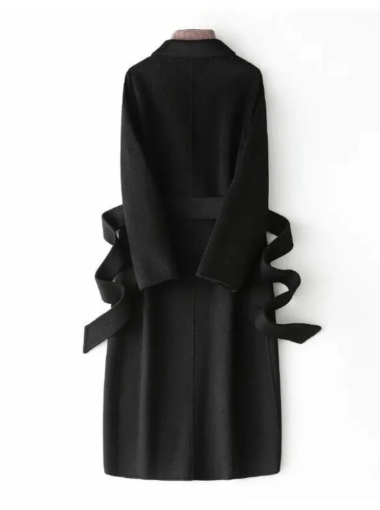 Cappotto di lana da donna Fimtairah Cappotto lungo trench nero, 2025 Autunno Inverno Nuovo cappotto di lana in stile coreano, capispalla caldo ed elegante