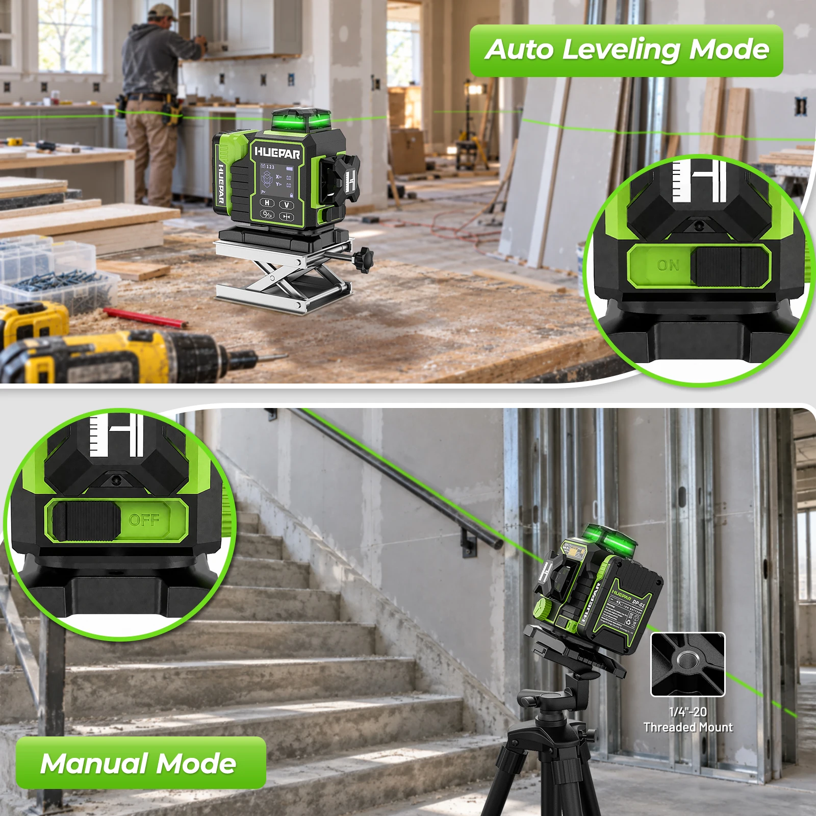 Huepar W03CG Laser-Wasserwaage, 3 x 360 selbstnivellierend, 3D-Bluetooth-Laser mit 12 Linien, elektrisch drehbarer Basis und großem LCD-Bildschirm – Detail 5