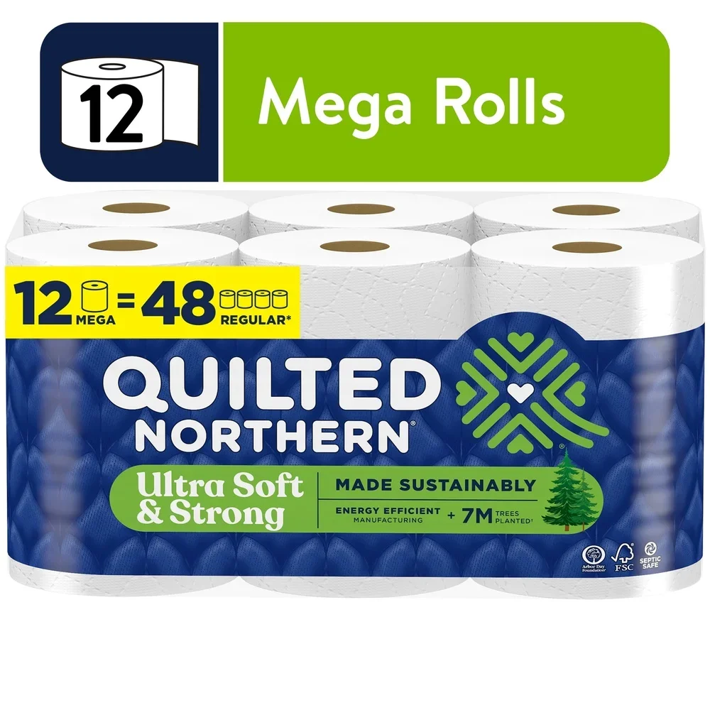 Ultra Soft Strong Toilet Paper 12 Mega Rolls 2 Ply Sustainable 5X Strong Absorbent Reliable Septic Safe Eco-Friendly