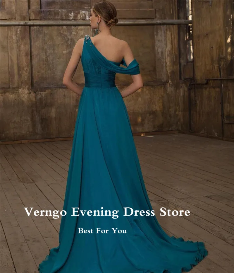 Verngo – robe de soirée en mousseline de soie bleu foncé, asymétrique, épaule dénudée, perles, robes de plage, fente haute, Sexy, robes de bal, nouvelle collection 2022