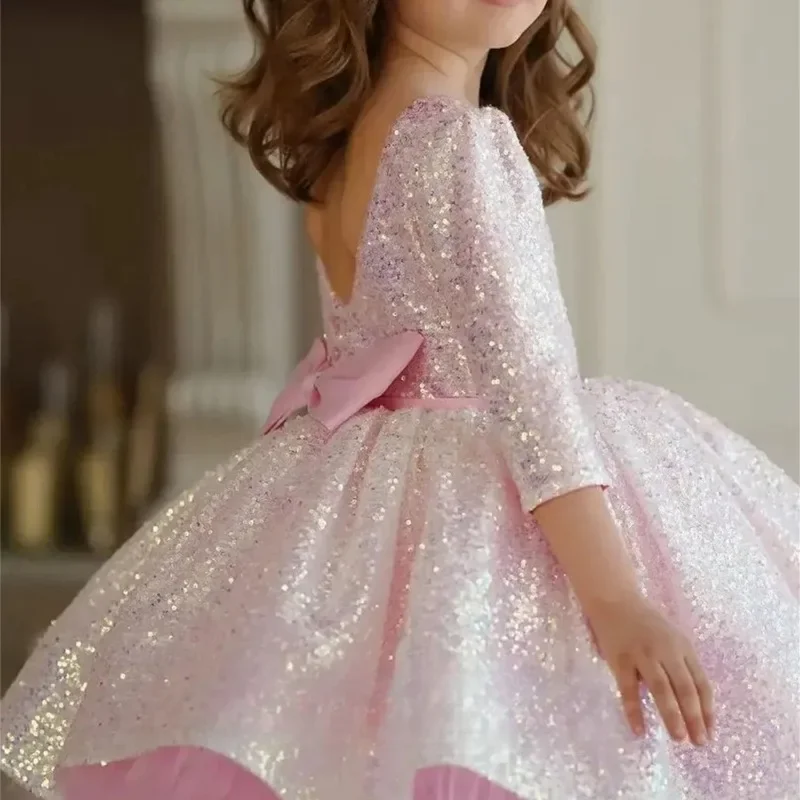 Bloemenmeisje Jurken Glitter Roze Jurk Knielengte Prinses Schattige Baby Verjaardagsfeestje Vestidos Para Niñas