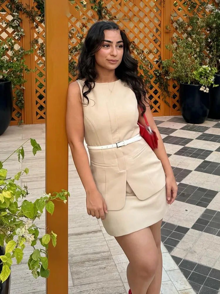 HH-minivestido femenino de verano para mujer, vestido liso con cuello redondo, sin mangas, bolsillos, cinturón decorativo, cremallera, vestidos de moda para mujer