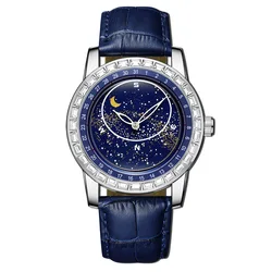 Full Sky Star Dial Watches For Men Luxury Leather Business Quartz Wristwatch Fashion Casual Inlay Diamond Bezel Blue Watch Male