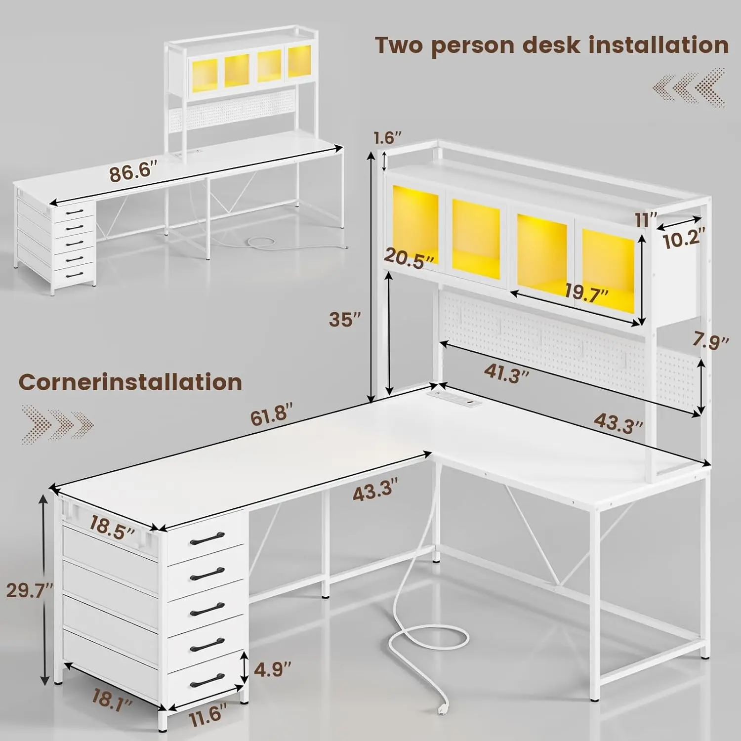 L Shaped Gaming Desk with Drawers, L Shaped Computer Desk with Hutch and Storage Shelves, Gaming Desk with Pegboard, Led