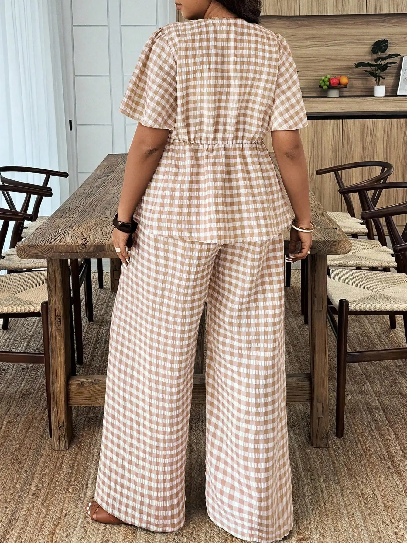 

Casual Plaid Print Short Sleeve Shirt And Wide Leg Pants 2 Piece Set