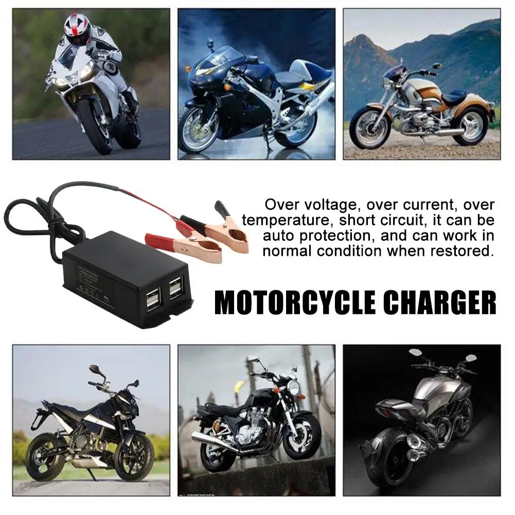 12V DC Power Adapter with Battery Clip Motorcycle Vehicle USB Hub Phone Charger 4 Ports USB 5V 3A DC8-30V Charging