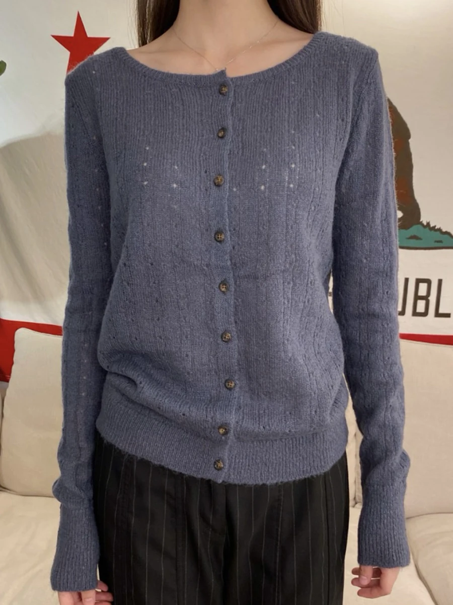 Eyelet Gray-blue Thin Cardigan T-shirt Women New Scoop Neck Button-up Tee Shirt Sweet Vintage Soft Cotton Knit Long Sleeve Tops
