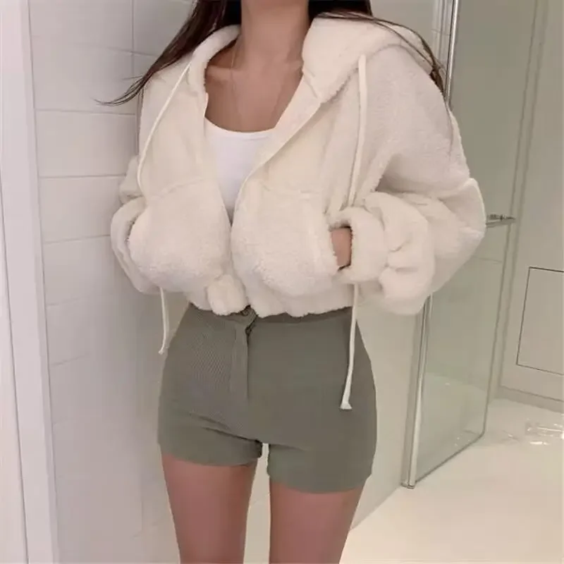Korean Hongwei Lamb Velvet Hooded Cardigan Women's Autumn Winter Thick Short Coat Jacket Full Sleeve