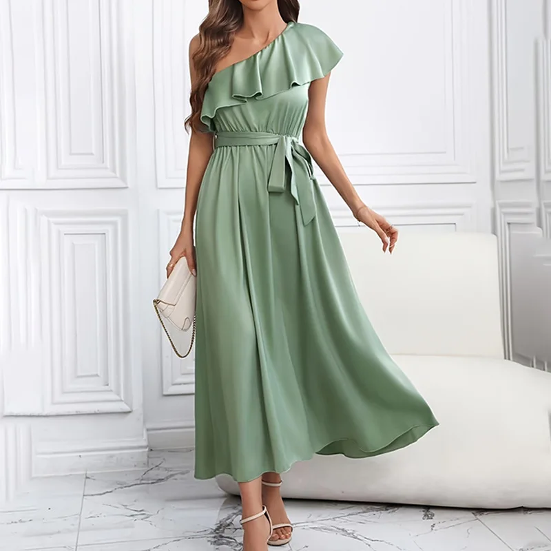 Elegant Satin Light Green Evening Dress With Slanted Shoulders And Sleeveless Drape Long Lace Up Ladies Dinner Dress New Product