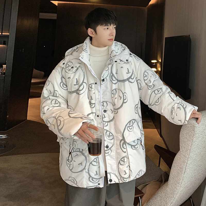 

Fashion 2023 Winter Men's Hooded White Duck Down Jackets Trend Jacquard Mesh Loose Puffer Coats Outwear Thicken Warm Down Parkas