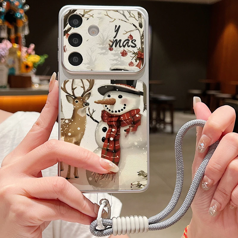 Lanyard Phone Case For Samsung S26 S25 Ultra S24 S23 FE A57 A17 A16 A26 A36 A37 A56 5G Snowman Deer Pattern Leather TPU Cover