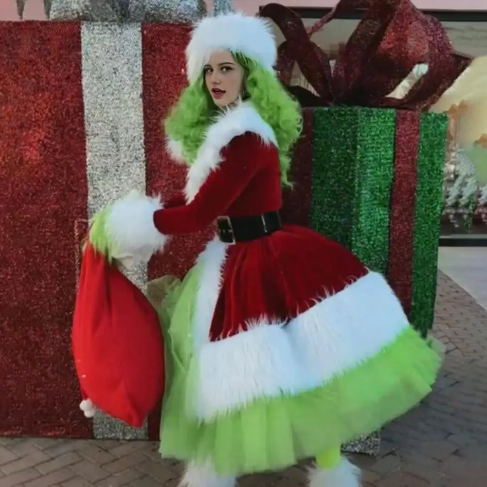 Conjunto de trajes y sombrero de señora Claus, disfraz de Papá Noel peludo de terciopelo, vestido de Navidad para mujer, ropa de señora Claus para fiesta de Navidad, Cosplay