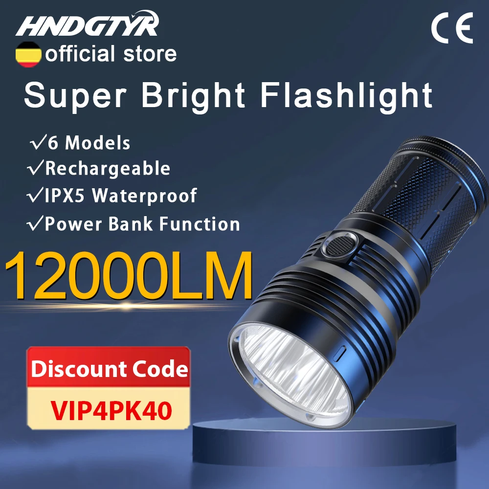 12000 High Lumen Rechargeable Powerful LED Flashlight 6 Mode IPX5 Waterproof Super Bright Tactical Torch Power Bank for Camping