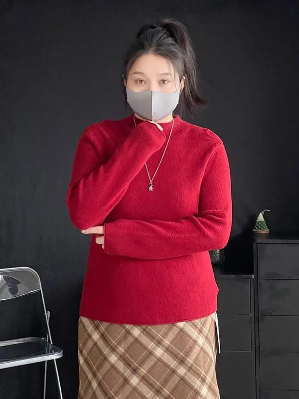 

plus Size Sweater Red High Ne Knitwear Women Base Layer irt Warm Autumn Winter Straight Tube Knitted Long Sve Top