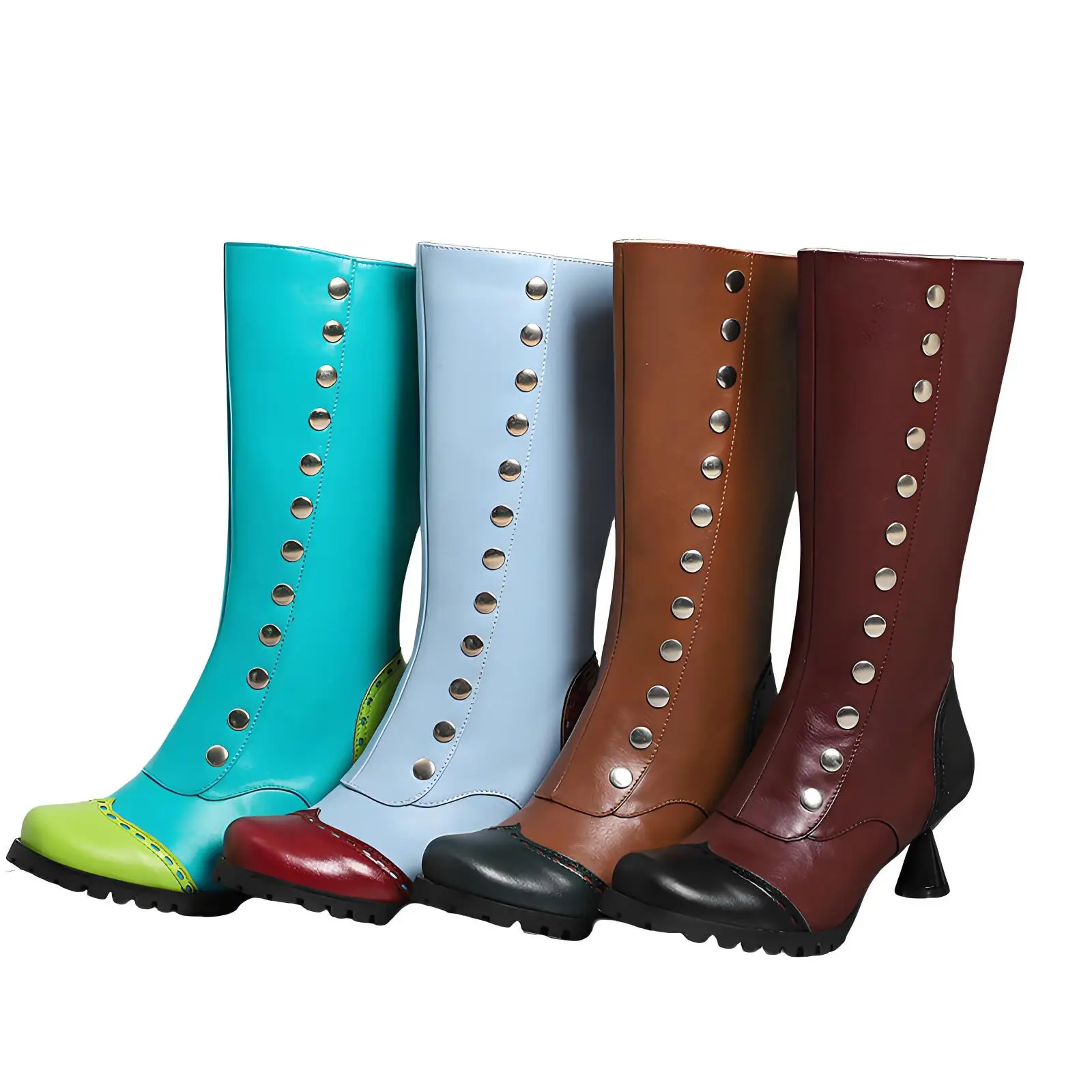 

Women Medieval Steampunk Knight Boots Victorian Riding Boot With Zipper Studded Rivets Color Block Brogue Detail Cone Heel Boots