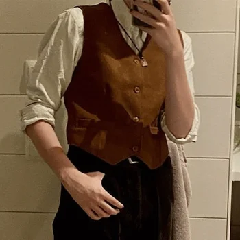 Süet deri kadın kolsuz yelek kadın Retro sonbahar tek göğüslü kahverengi ceketler üst kadın bayanlar yelek yeni varış