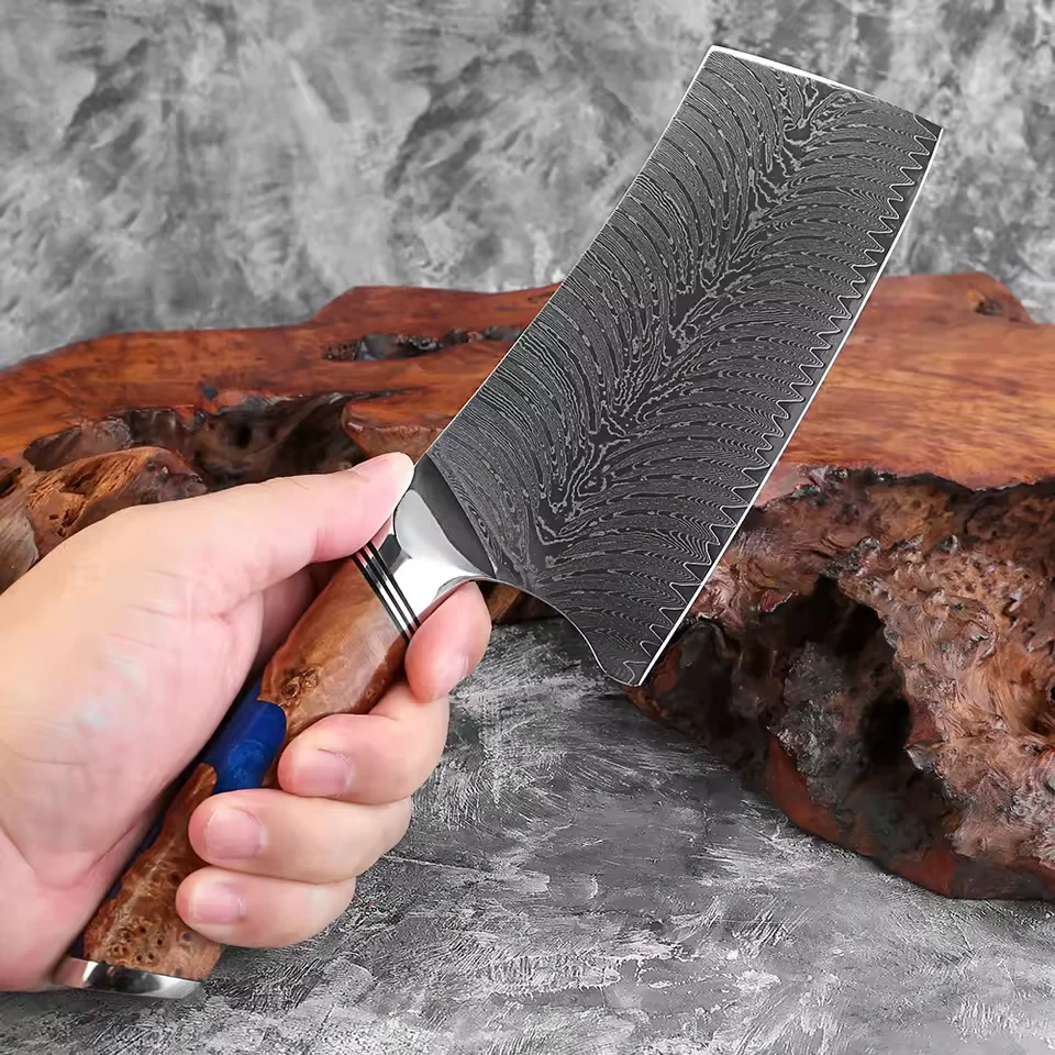 

7 Inch Cleaver Knife Chinese Kitchen Knife,Butcher Knife for Meat Cutting,Vegetables Chopping Knife Damascus Steel Chef Cooking