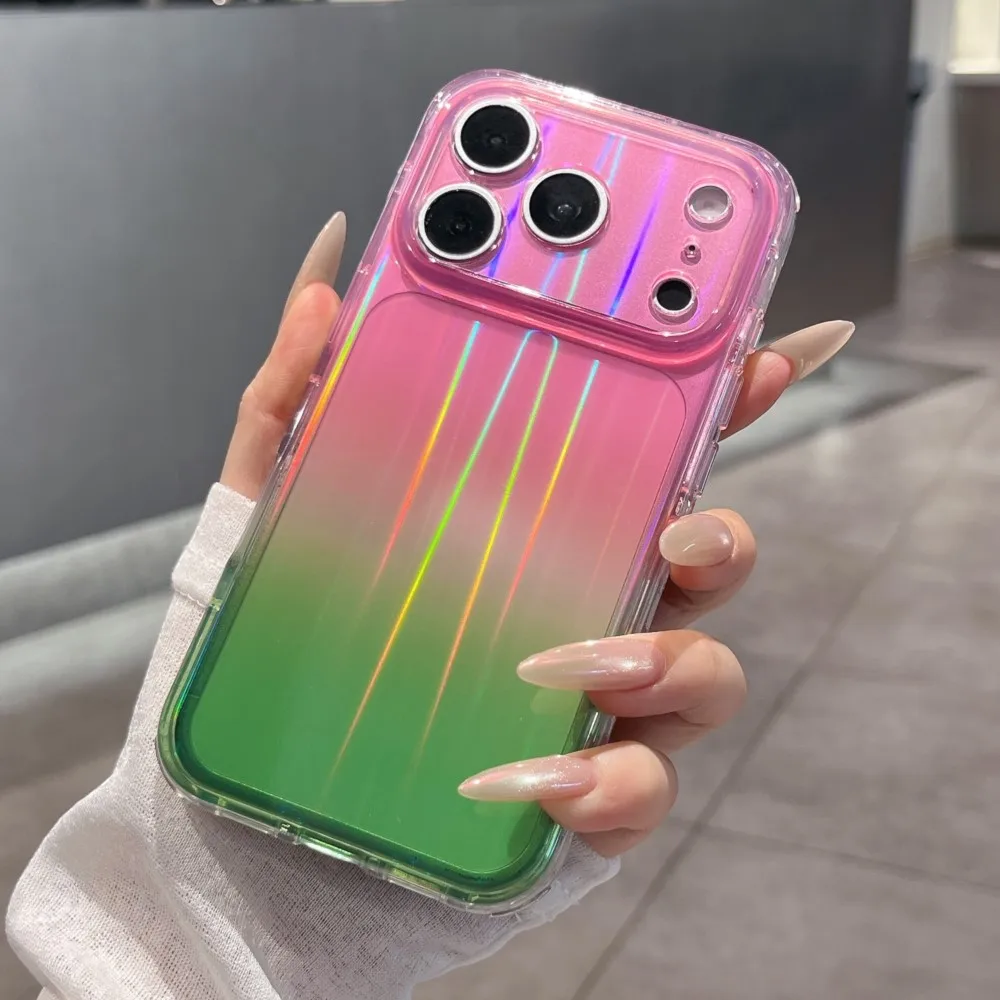 Coque de téléphone transparente antichoc avec protection d'objectif, effet dégradé laser Aurora IMD, pour iPhone 17, 16, 15 Pro Max – Changement instantané