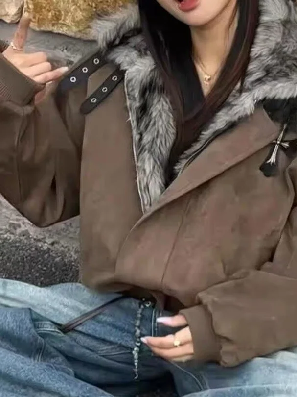 

Ретро-куртка в американском стиле для женщин, утепленная, из хлопка, с меховым воротником, уникальный дизайн, зимняя верхняя одежда, короткая корейская версия