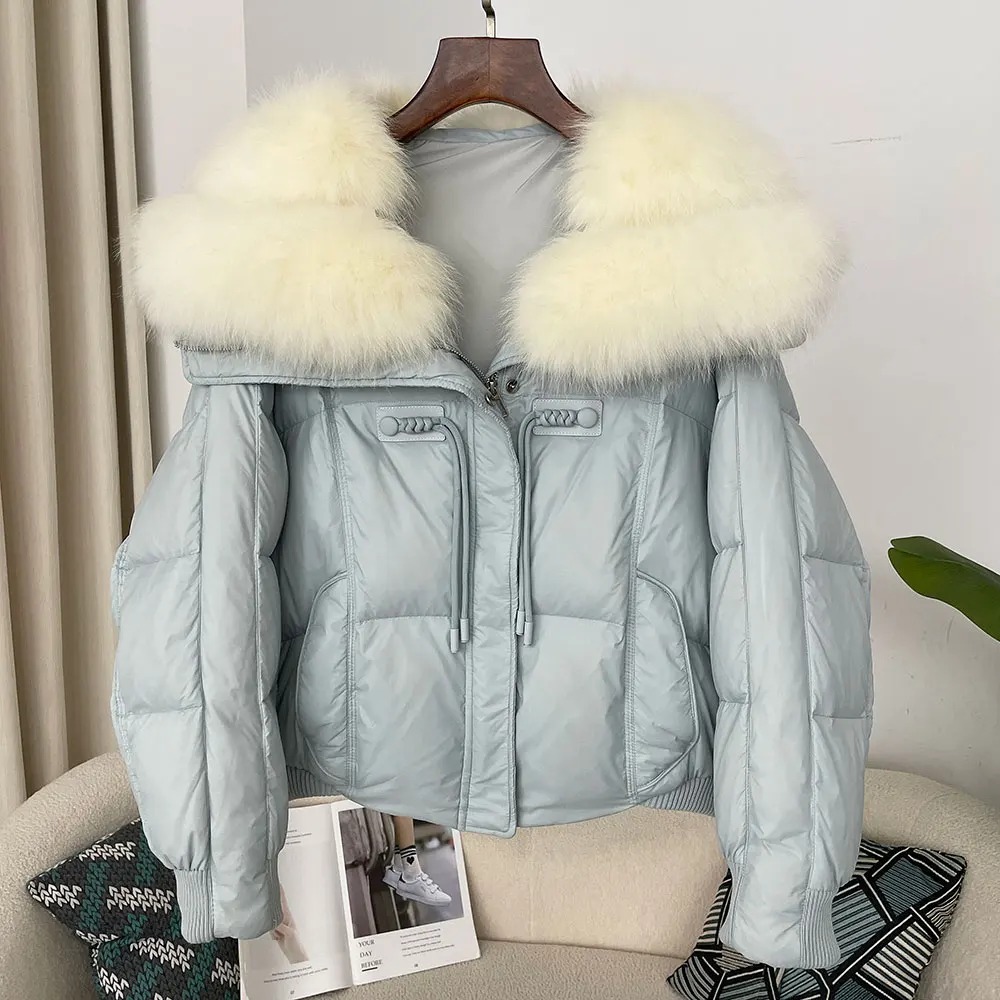 Real Fox Fur Collar Natural Thick Warm Duck Down Coat Short Outerwear Streetwear Loose 2024 Winter Fur Jacket Women Big