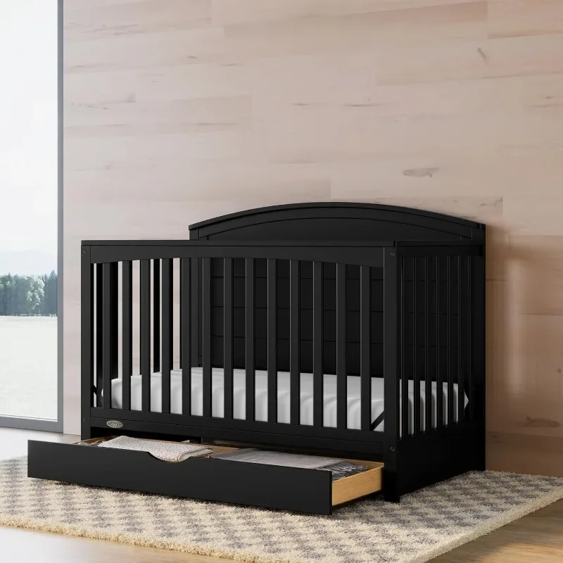 5-in-1 Convertible Crib with Drawer (Black), Full-Size Storage Drawer, Converts to Toddler Bed and Full-Size Bed